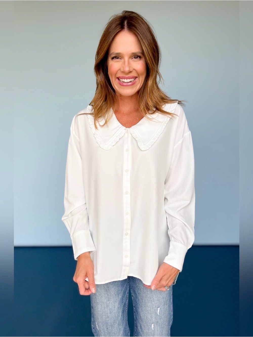 entro White Peter Pan Collar Button-Down Hi Low Blouse Size Small